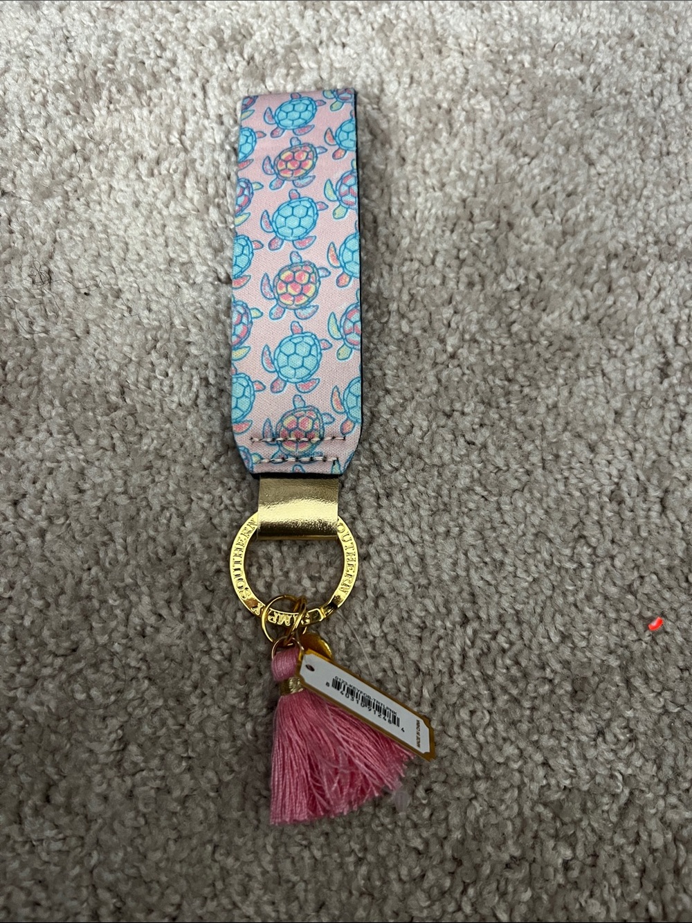 Pink Turtle-Print Wristlet Key Holder with Tassel